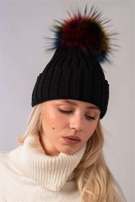 Black Wool Hat With Genuine Fox Fur Pom Pom Women Hats And Scarfs