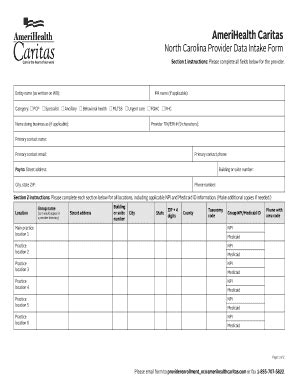 Fillable Online North Carolina Provider Data Intake Form AmeriHealth