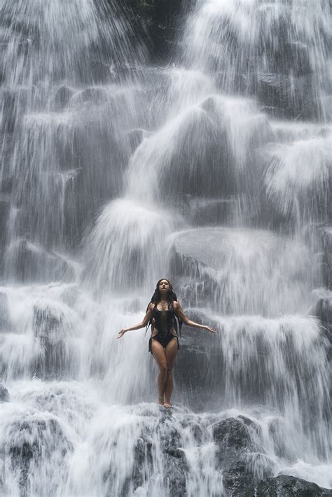 Full Length Portrait Of Attractive Brunette In Black Swimsuit Under