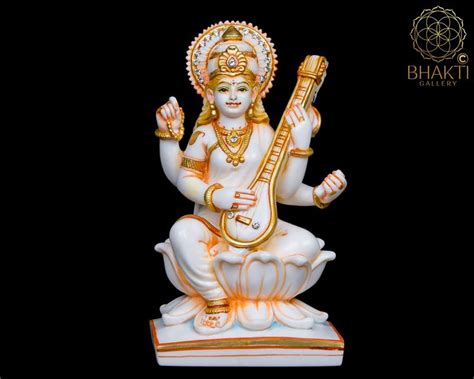 Cultured Marble Saraswati Statue On Lotus 7 Inch Hand Painted