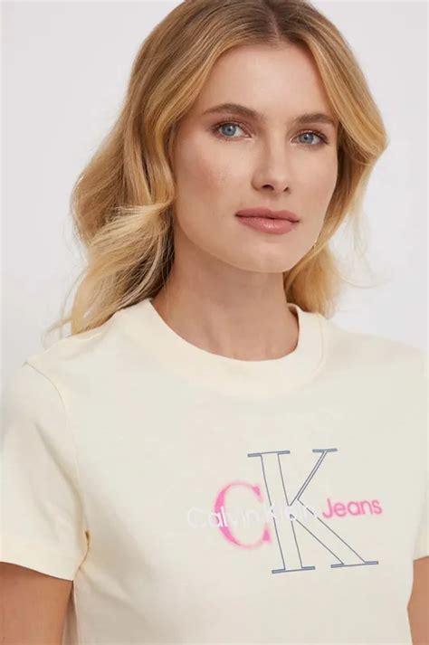 Calvin Klein Jeans T Shirt Bawełniany Damski Kolor Beżowy