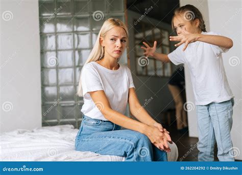 Standing Angry Little Child Daughter Scolding Raising Voice Yelling