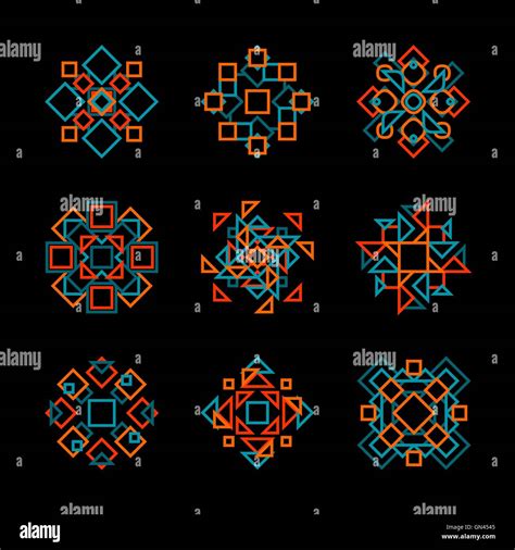 Set Of Nine Vector Teal Orange Line Art Geometric Pattern Elements