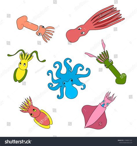 Set Cute Sea Monsters Cephalopods Octopus Stock Vector Royalty Free