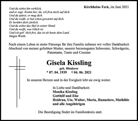 Trauer Gisela Kissling 12 06 2021 Teckbote Trauerportal