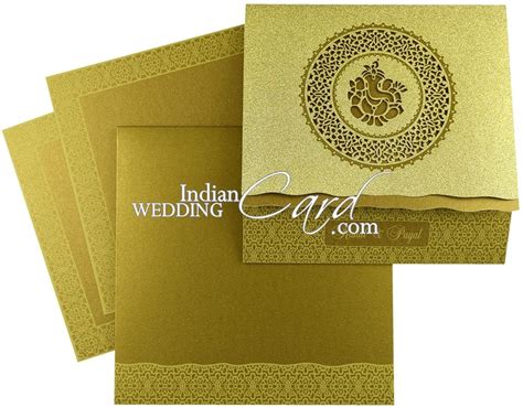 Gold Colored “ganesha” Theme Laser Cut Wedding Card D 8496