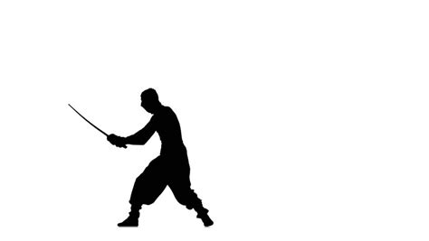 Silhouette Of Man With Sword On White Background, Martial Arts, Waving ...