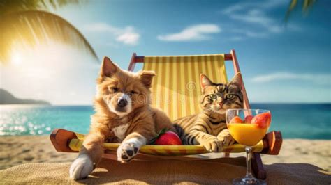 Gato E Cão Felizes Relaxando Na Praia Nas Férias Ilustração Stock