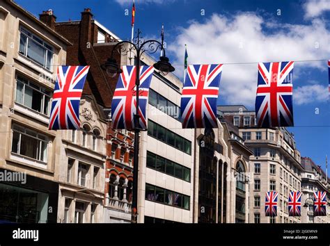 British Union Jack Flags Hung Across The Strand Queen Elizabeth