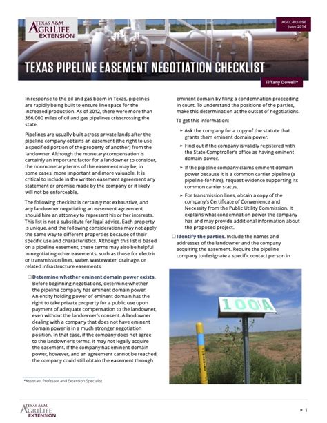 Texas Pipeline Easement Negotiation Checklist Publications Agrilife