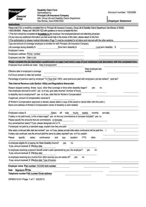 Fillable Disability Claim Form Principal Financial Group Printable