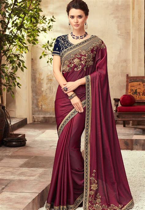 Wine And Blue Satin Georgette Party Wear Saree With Border 22003