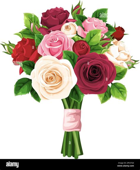 Bouquet Of Red Pink Burgundy And White Rose Flowers Isolated On A