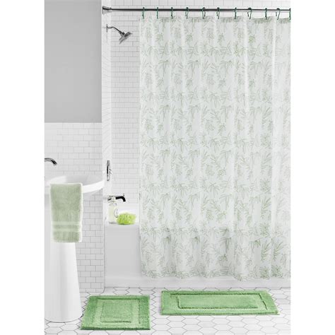 Mainstays 15 Piece Green Leaves Print Polyester Shower Curtain Set 70