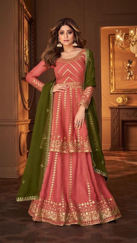 Onion Pink And Olive Green Georgette Wedding Lehenga Long Choli