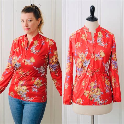 Bright And Colourful Floral Print Long Sleeve 70s Blouse With Matching