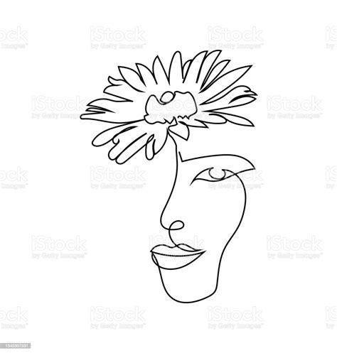 Female Face With Chamomile Daisy Continuous Line Drawing One Line Art