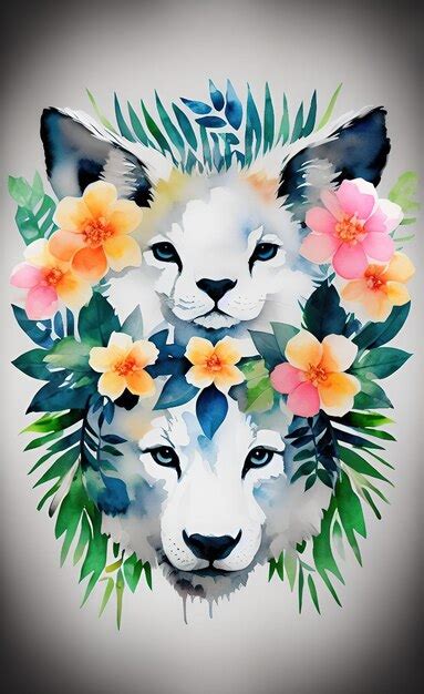 Uma Pintura Em Aquarela De Dois Lobos Brancos Flores E Folhas