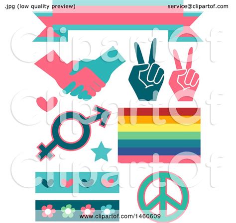 Clipart Of Gender Equality Signs And Elements Like A Ribbon Handshake Peace Sign Rainbow