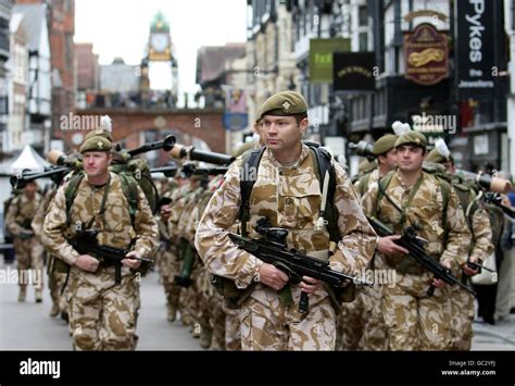 Soldiers Of 1st Battalion The Royal Welsh Parade Through Chester City Centre Before Deploying On