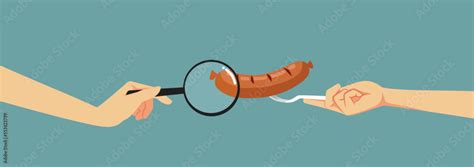 Food Inspector Checking A Sausage With Magnifying Glass Vector Cartoon