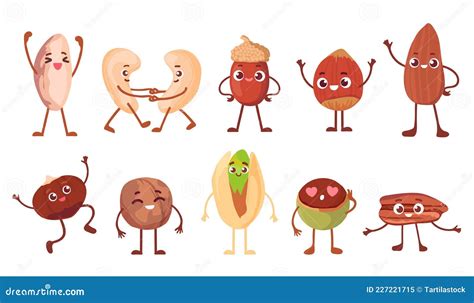 Cartoon Funny Nut Bean And Seed Characters With Faces Happy Walnut