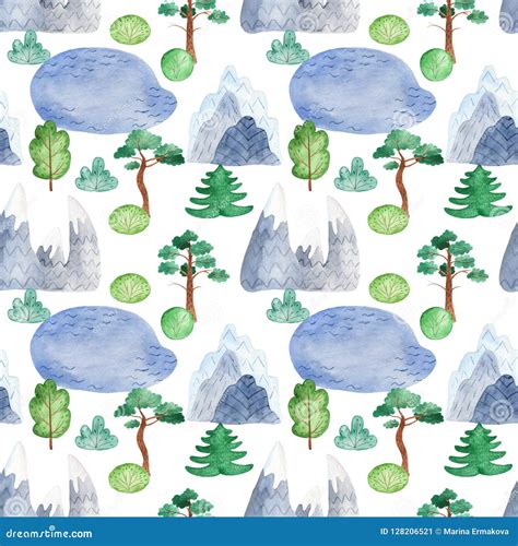 Watercolor Seamless Pattern With Mountain Landscape Stock Illustration