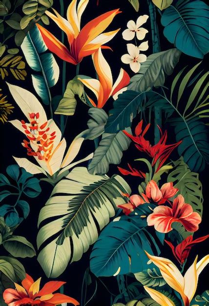 A Floral Wallpaper With A Tropical Plant And Flowers Premium Ai