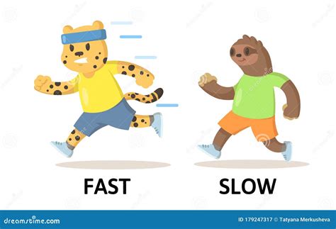 Words Fast And Slow Flashcard With Cartoon Animal Characters Opposite