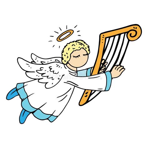 Angel With Harp Angel With Flute Vector Illustration Hand Drawn