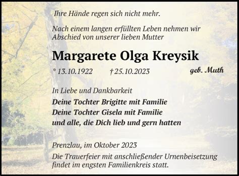 Traueranzeigen Von Margarete Olga Kreysik Trauer Nordkurier