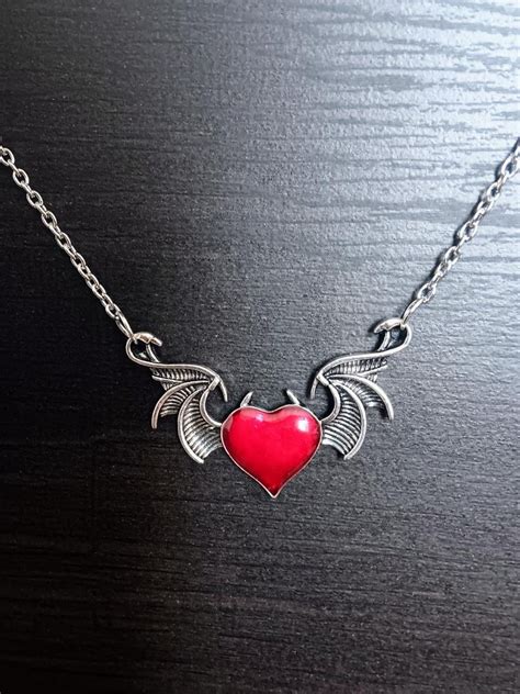 Gothic Heart Necklace Wings Necklace Silver Necklace Red Etsy