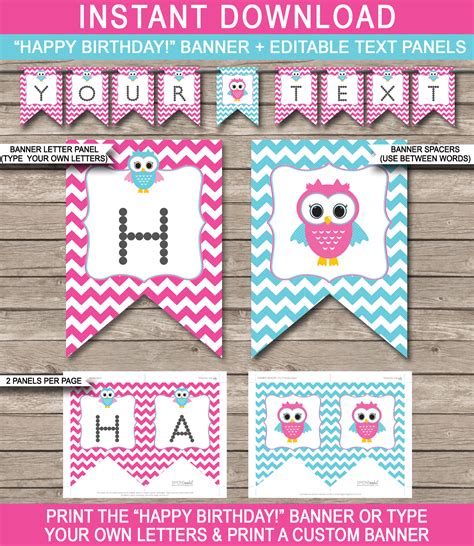 Owl Birthday Banner Template Birthday Pennant Banner Bunting Pink