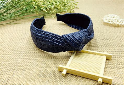 Navy Blue Straw Weaving Knotted Headband Headbands For Women Bohemian