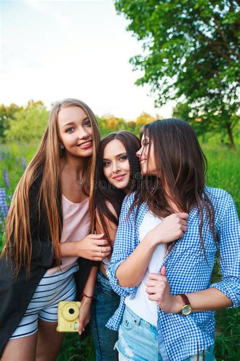 Three Hipsters Girls Blonde And Brunette Taking Self Portrait On
