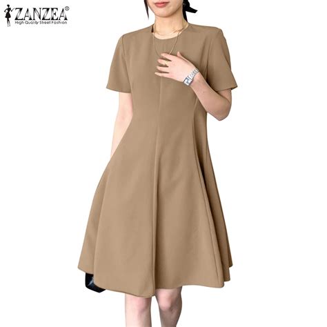 ZANZEA Women Korean Solid Color Crew Neck Short Sleeves A Line Dresses