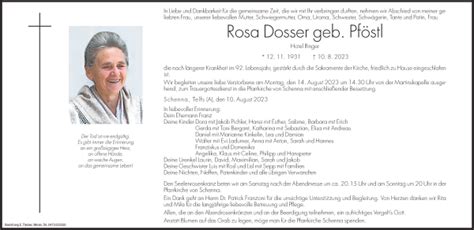 Traueranzeigen Von Rosa Dosser Trauer Bz