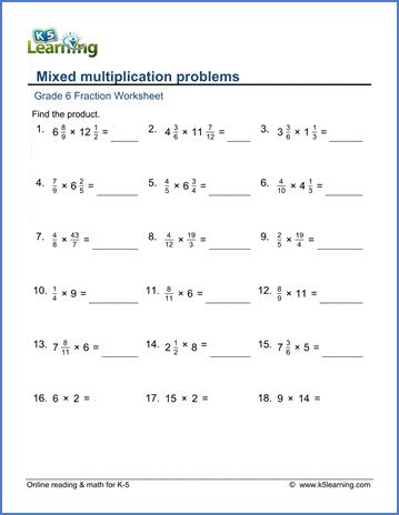 Grade 6 math worksheet - Fractions: mixed multiplication problems | K5 Learning