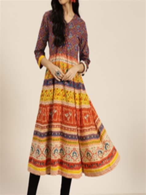 Buy Sangria Women Mustard Yellow Navy Blue Ethnic Motifs Printed Pure