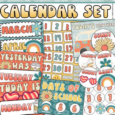 Calendar Set Classroom Decor Back To School Groovy Retro Vibes Theme