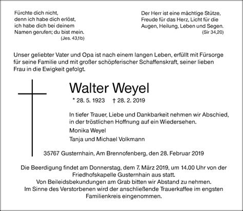 Traueranzeigen Von Walter Weyel Vrm Trauer De