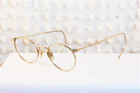 40s Round Glasses 1940s Wire Rim Eyeglasses Yellow Gold Fill Etched Frame Wartime 4420