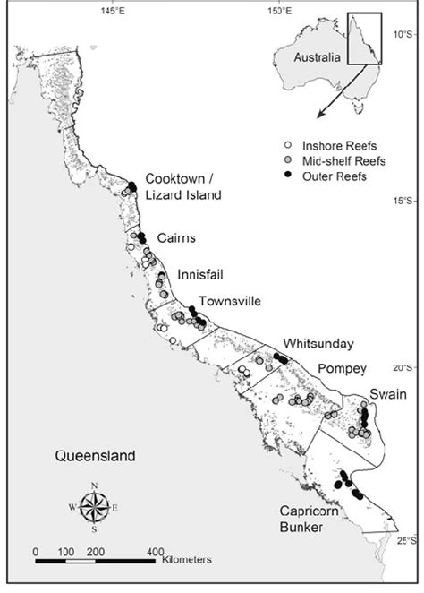 Map Of The Great Barrier Reef Showing Survey Reefs Circles Coded By Download Scientific