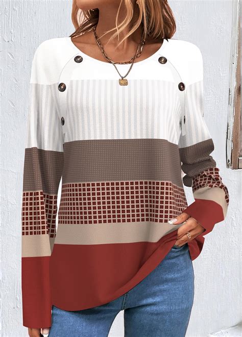 Rotita Plus Size Patchwork Wine Red Geometric Print Sweatshirt Rotita