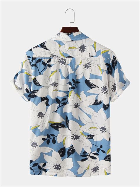 New Men Clematis Chinensis Floral Print Chest Pocket Short Sleeve Turn