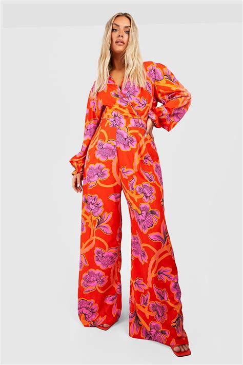 Plus Woven Floral Wrap Over Wide Leg Jumpsuit Boohoo Uk