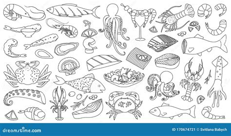 Seafood Vector Outline Line Set Icon Vector Illustration Icon Fish Food