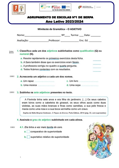 Mini Teste Adjetivo Agrupamento De Escolas N De Serpa Ano Letivo