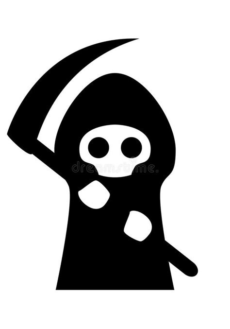 Cute Grim Reaper Cartoon Death In A Black Cloak With A Hood And A Scythe Black And White