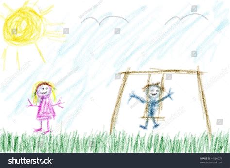 Child'S Drawing Of Boy And Girl Playing Outside. Swing Set In Park ...